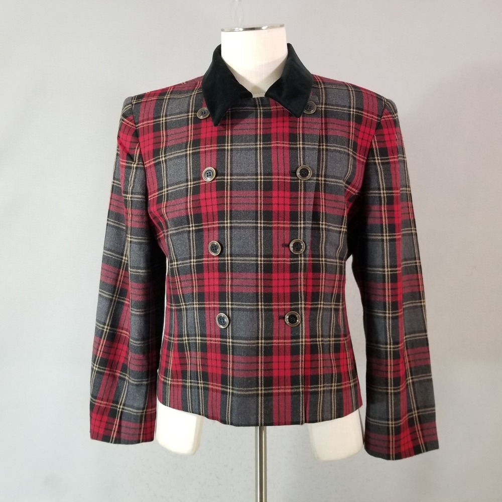 Rena Rowan for Saville Blazer jacket womens 16 wool red Tartan plaid Vintage USA